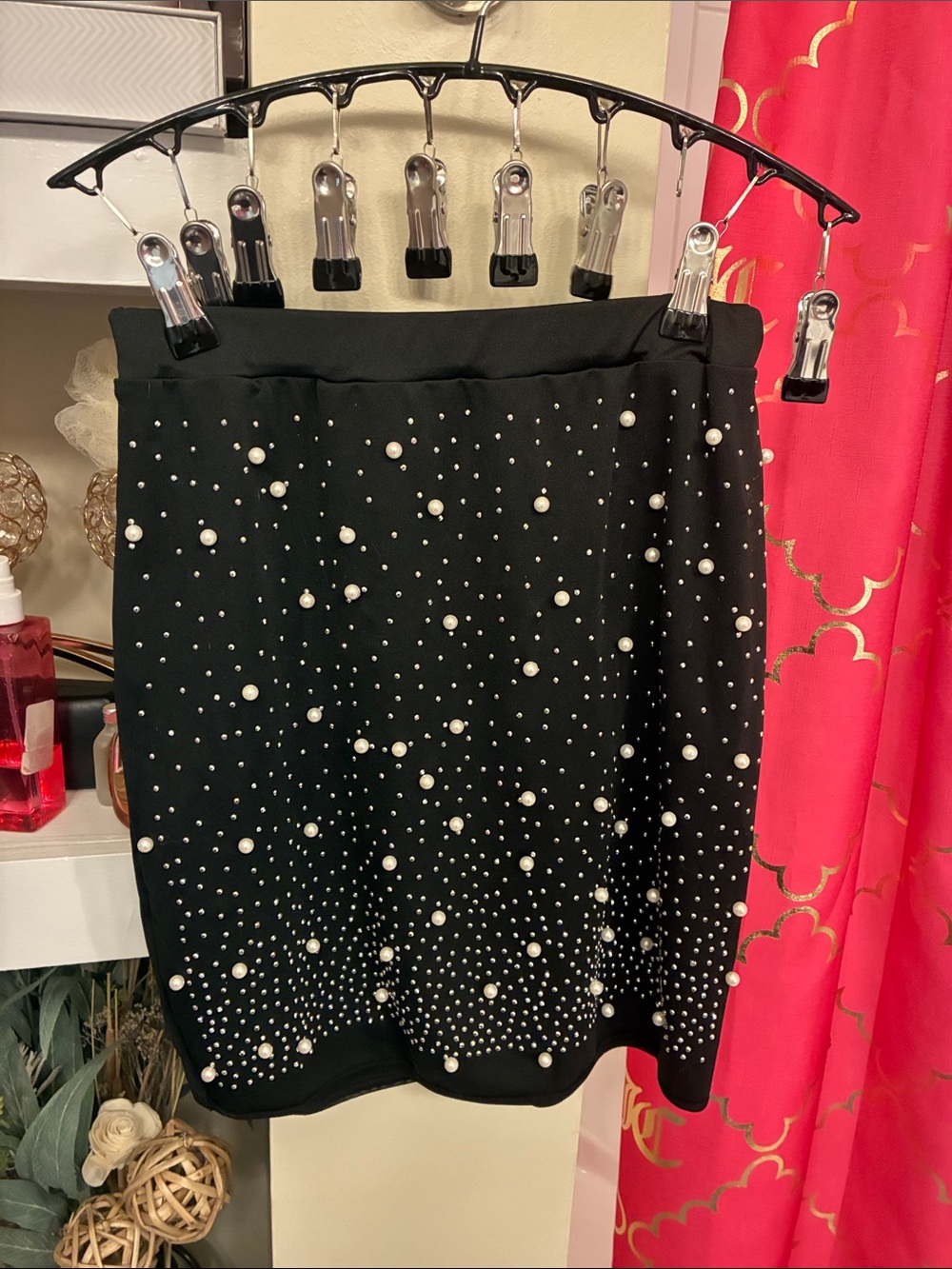 Embellished Black Mini Skirt with Pearl Accents